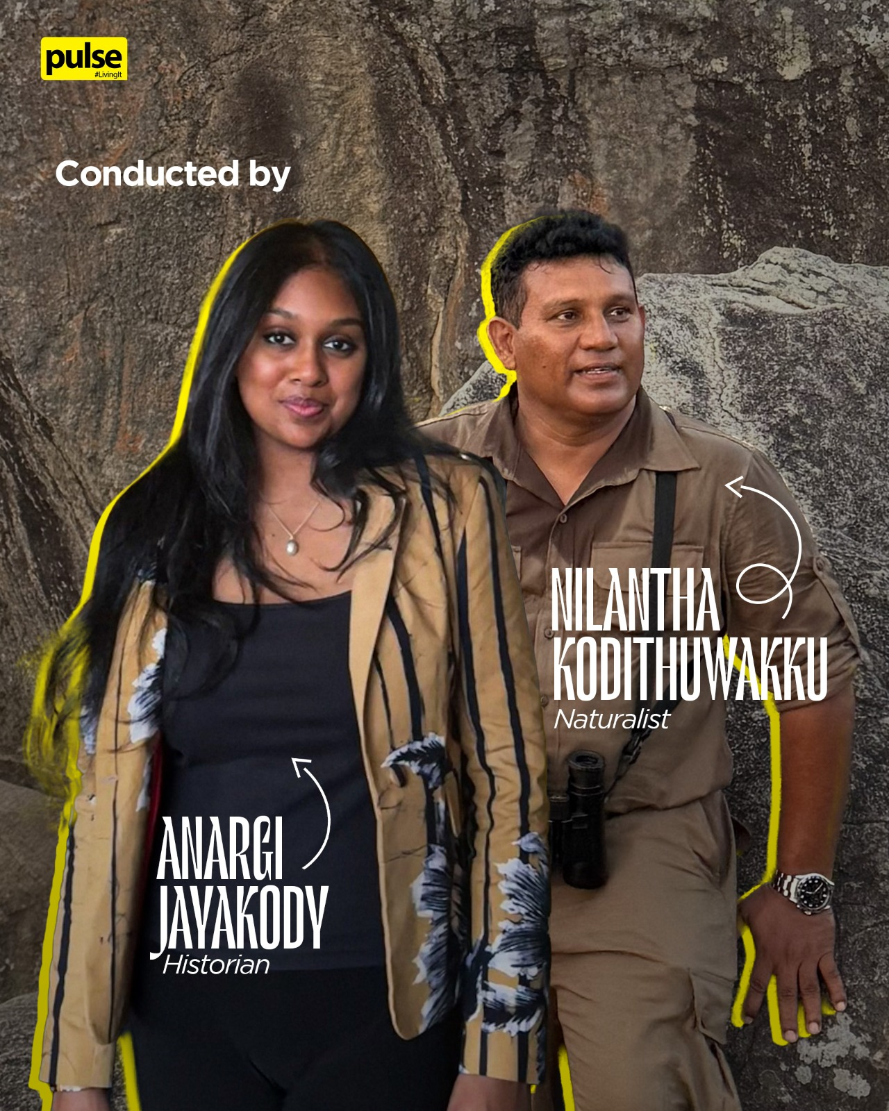 Pulse Instagram post introducing Anargi Jayakody, historian, and Nilantha Kodithuwakku, naturalist